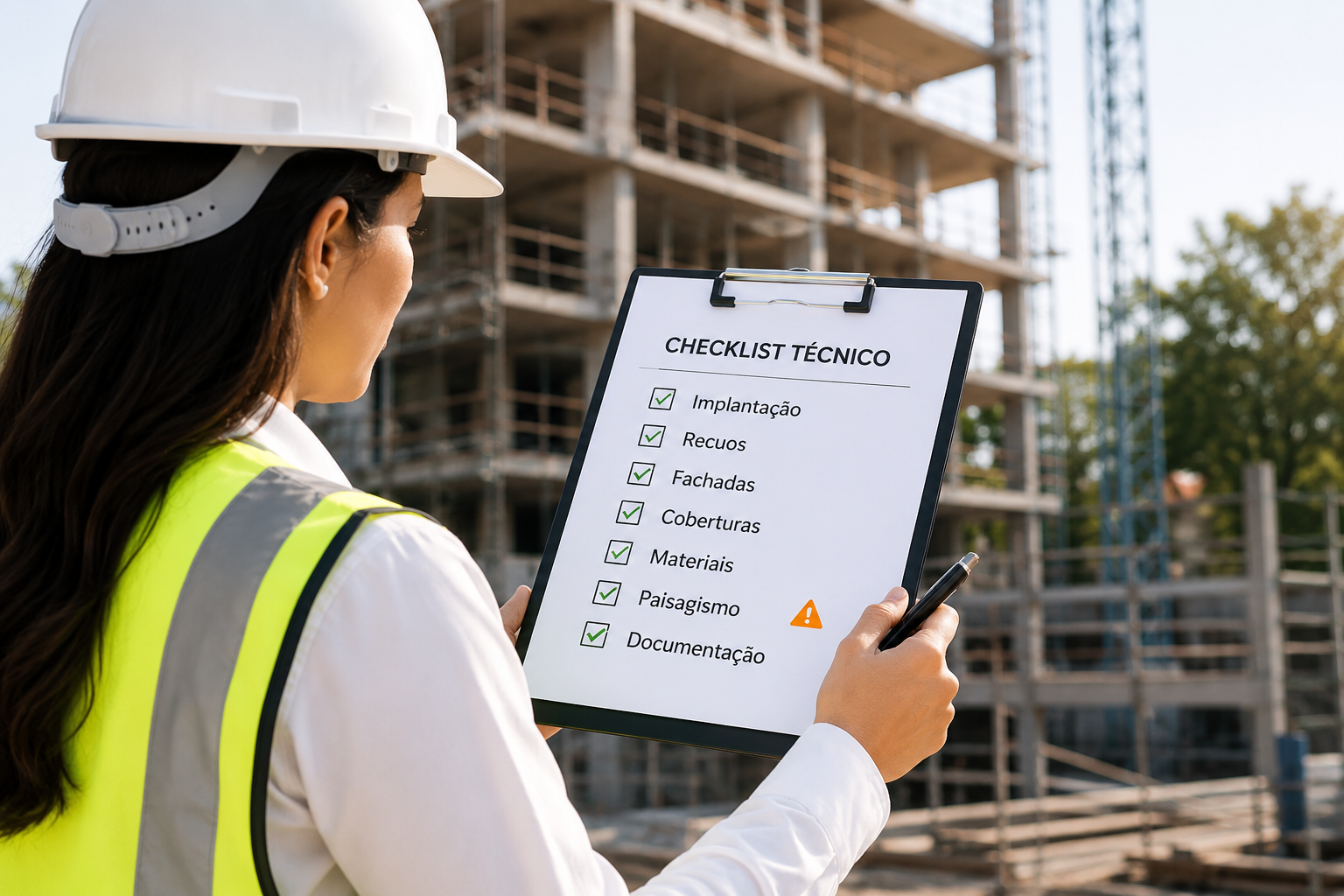 Vistoria técnica com checklist em canteiro de obras