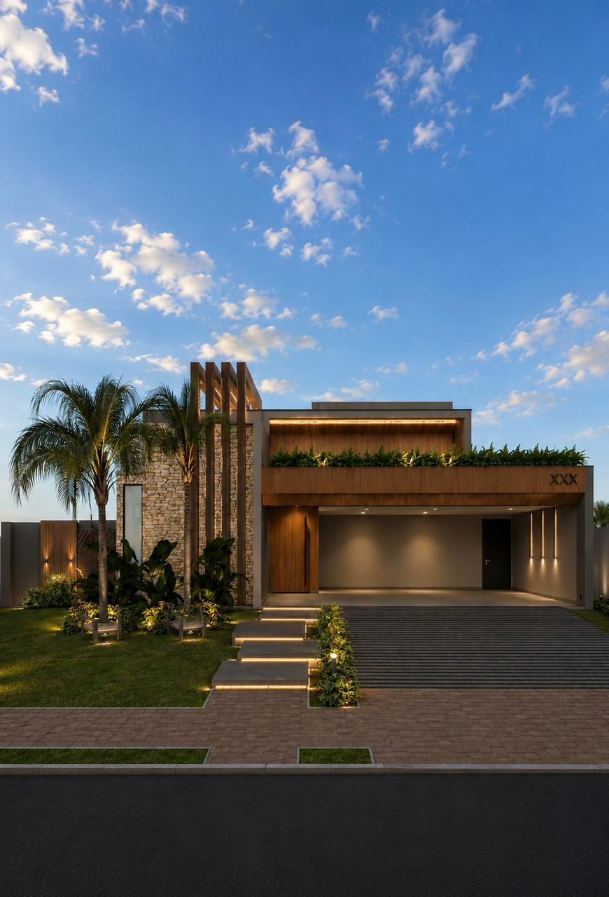Fachada de residência contemporânea ao entardecer